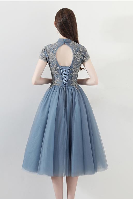 Blue A Line Tulle Short Sleeves High Neck Appliques Homecoming Dresses INC5