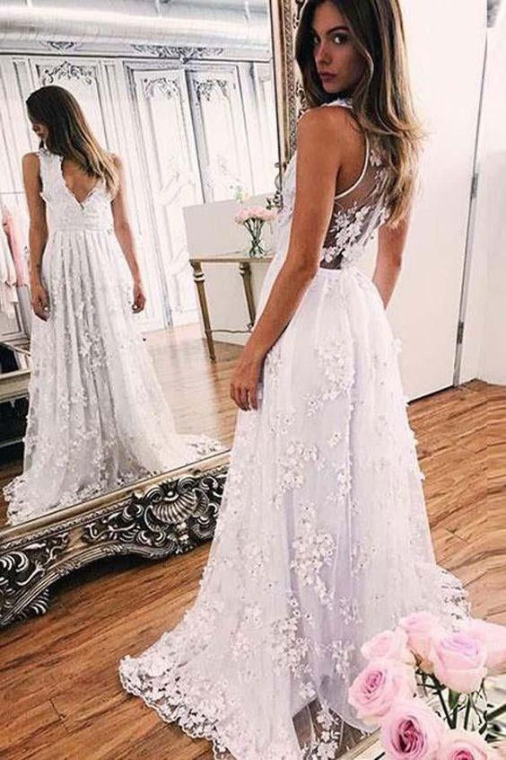 A-line White Lace V-neck Sleeveless Evening Prom Dresses With Sweep Train IN585