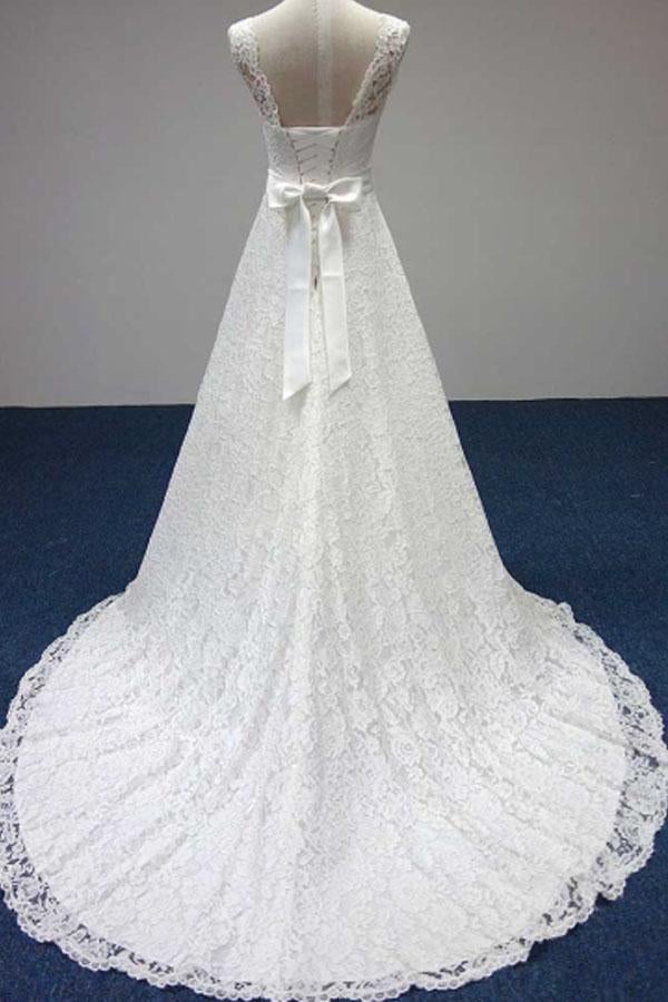 Elegant Bateau A-Line White Lace Long Sleeveless Wedding Dress IN689