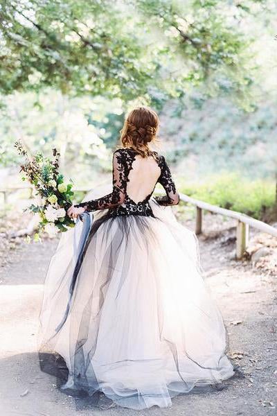 Charming Black Lace Puffy Prom Dress,Long Sleeves Open Back Tulle Wedding Dress IN794