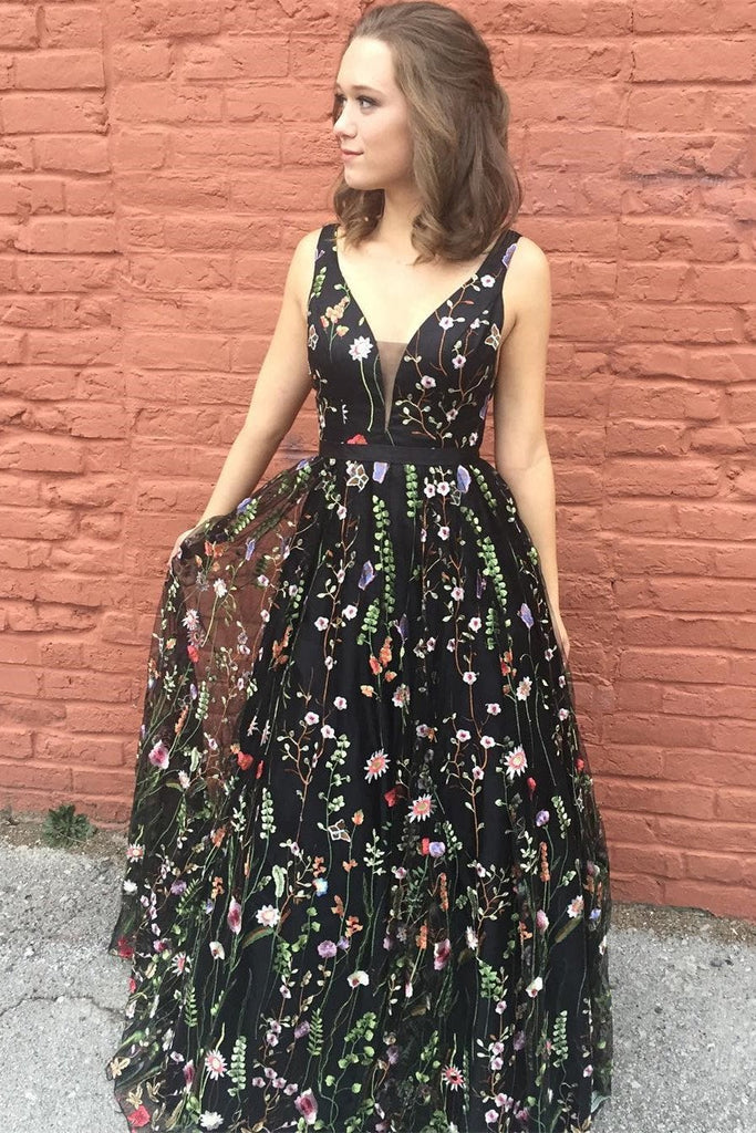 Princess Prom Dresses,Black Prom Gown,Floral Prom Dress,V Neck Prom Dress