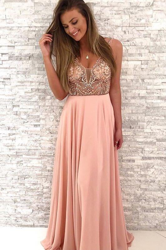 Gorgeous Beaded V-Neck A Line Blush Pink Chiffon Long Prom Dress INB19