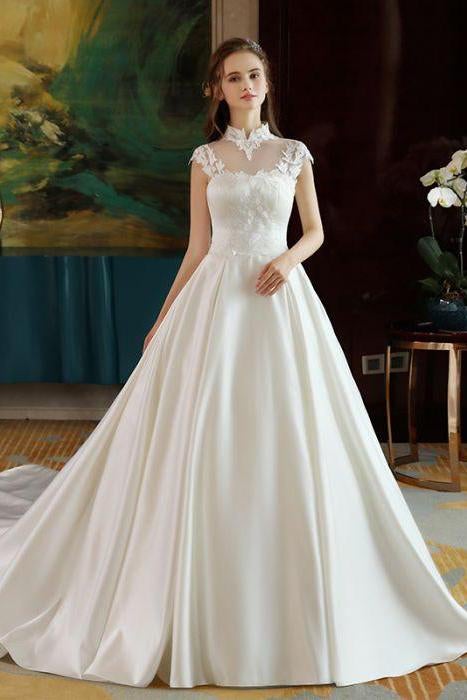 Ivory High Neck Ball Gown Lace Applique Cheap Wedding Dresses IN801