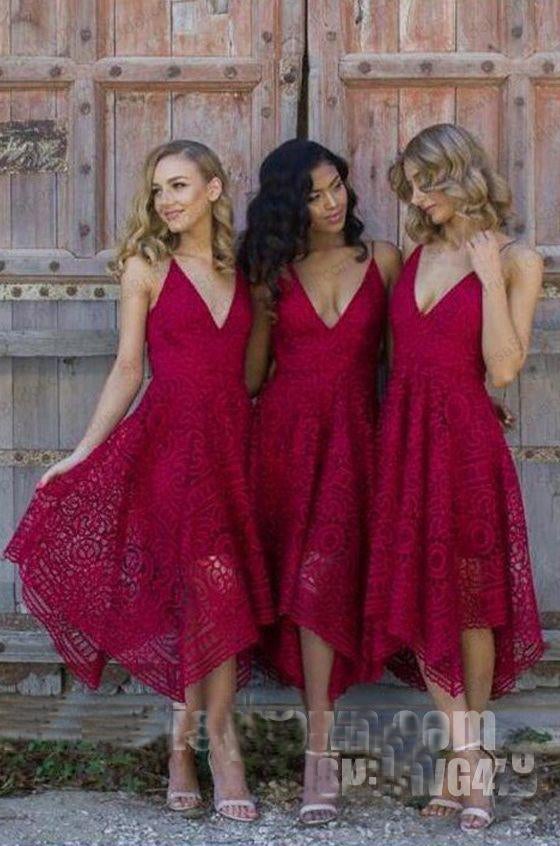 Navy Blue/Pink Deep V-neck Spaghetti Straps Sleeveless Asymmetry Lace A-line Bridesmaid Dress IN236