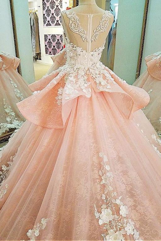 Tulle Lace Scoop Neckline Ball Gown Wedding Dress With Lace Appliques,Quinceanera Dresses IN619