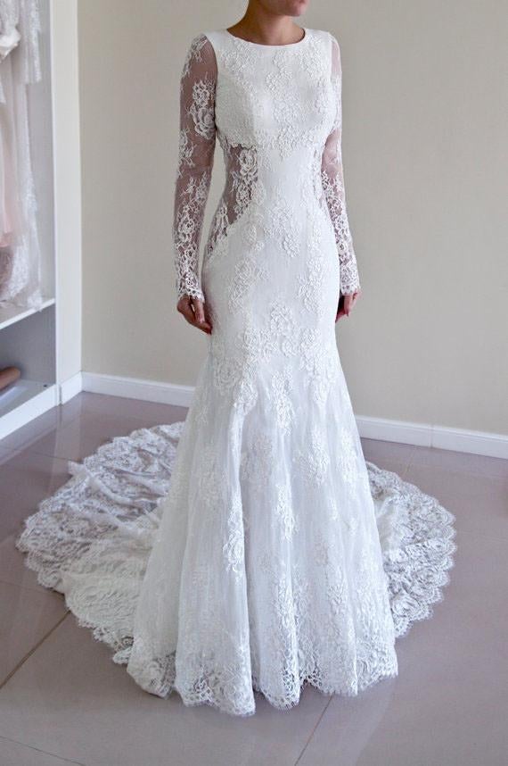 Custom Made Trumpet Mermaid Backless Long Sleeves Lace Wedding Dress IN197