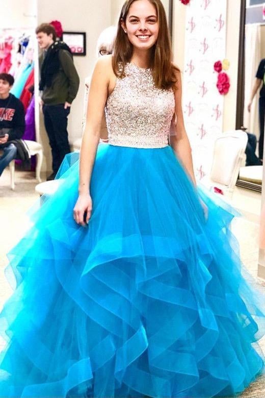 Beaded Organza Ruffles Ice Blue Ball Gown Prom Dress INE57