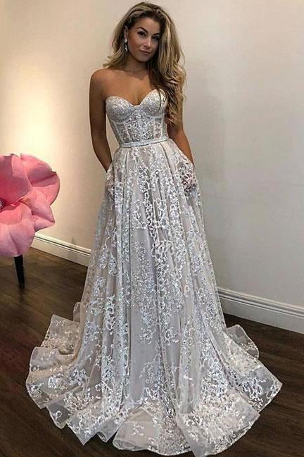 Off White Sweetheart Lace Long Wedding Dress,Charming Prom Dresses INA96