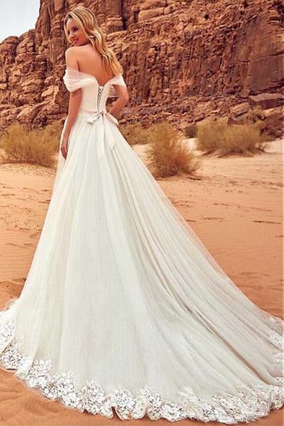 Elegant Off-the-Shoulder Sweep Train A-Line Tulle Ivory Appliques Wedding Dress IN771