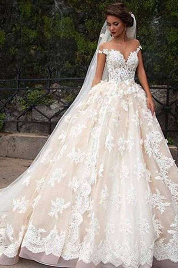 Romantic Jewel Cap Sleeves Ball Gown Wedding Dress with Lace Top INB09