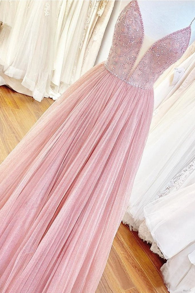 Long Beaded Bodice V-neck Neckline Chiffon Pink Prom Dresses Formal Dresses INS7