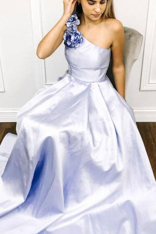 A-line One Shoulder Satin Long Prom Dresses With Flowers Evening Dresses INR60