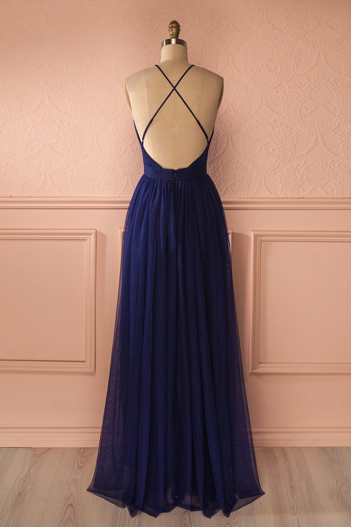 Sexy Navy V Neck Backless Prom Dress, Simple Long Evening Dress For Woman IN110