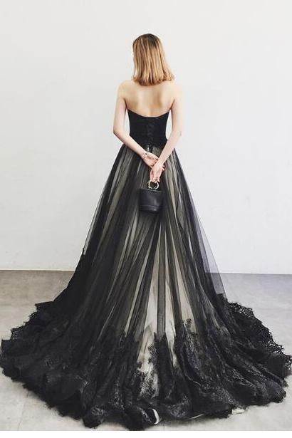 Charming A-Line Sweetheart Strapless Black Long Tulle Prom Dress With Lace Beading IN834