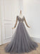 A Line Long Sleeves V Neck Grey Beading Prom Dress INS91