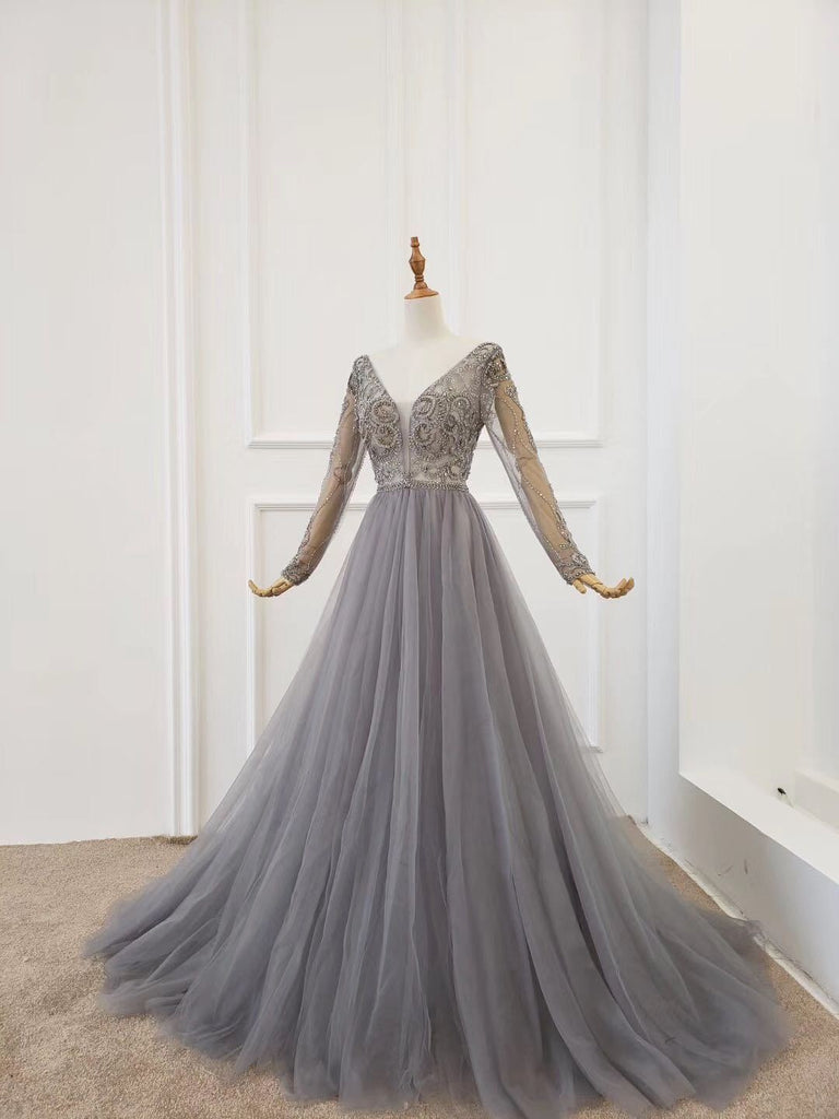 A Line Long Sleeves V Neck Grey Beading Prom Dress INS91