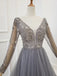 A Line Long Sleeves V Neck Grey Beading Prom Dress INS91