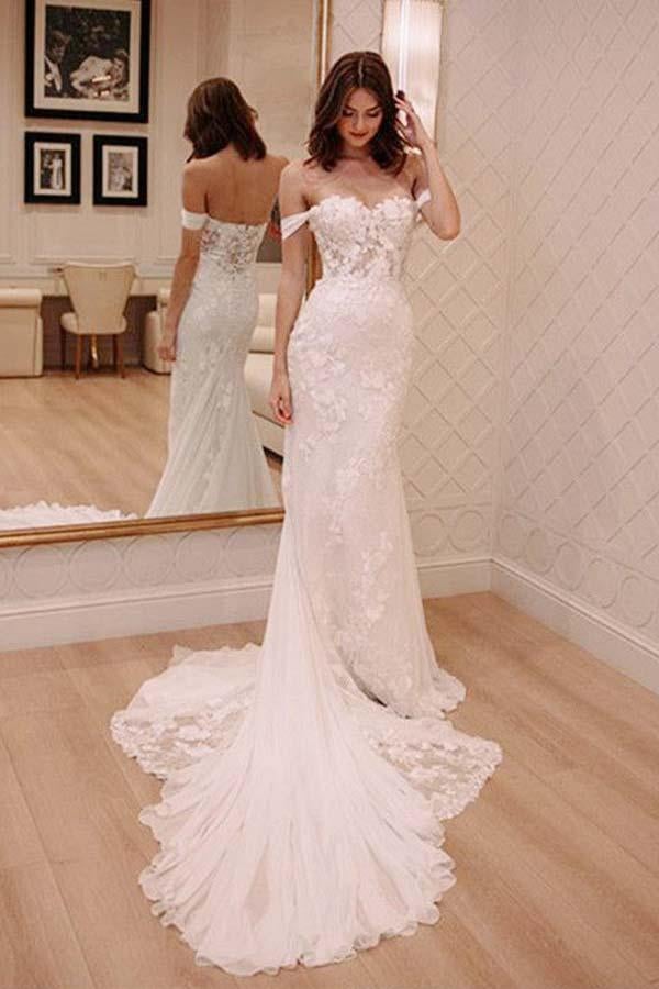 Princess Off Shoulder Court Train Chiffon Long Wedding Dress with Lace Appliques INA51