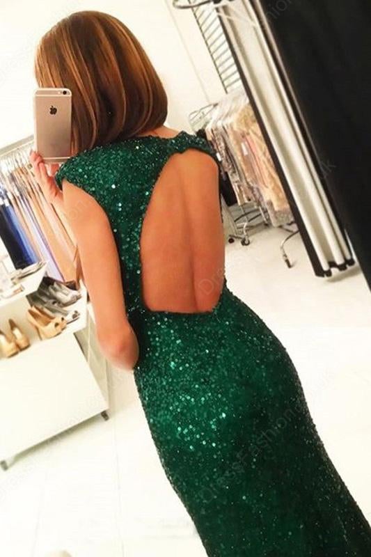 Luxurious Cap Sleeves Dark Green Split-Front Open Back Long Sequin Sexy Mermaid Prom Dress IN150