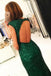 Luxurious Cap Sleeves Dark Green Split-Front Open Back Long Sequin Sexy Mermaid Prom Dress IN150