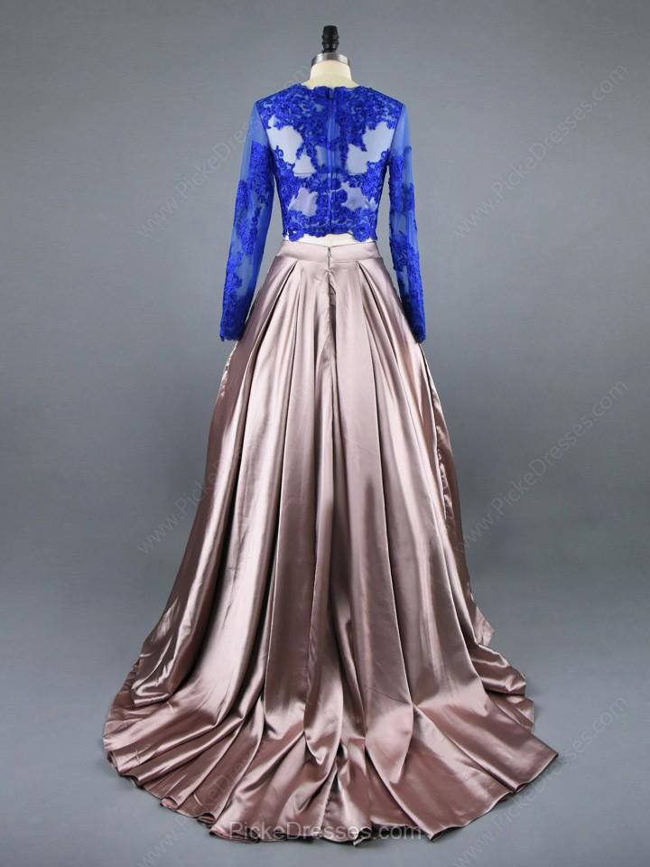 A Line Royal Blue Two Piece Long Sleeve Lace Top Prom Dresses IN614