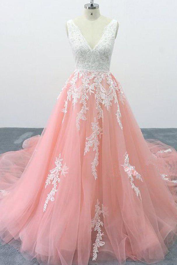 A-line V Neck Pink Tulle Lace Appliques Cathedral Train Formal Prom Dresses INS2