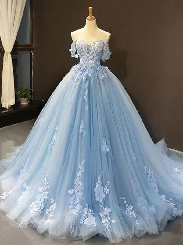 Ball Gown Tulle Off-the-Shoulder Sleeveless Appliques Princess Prom Dresses IN1856