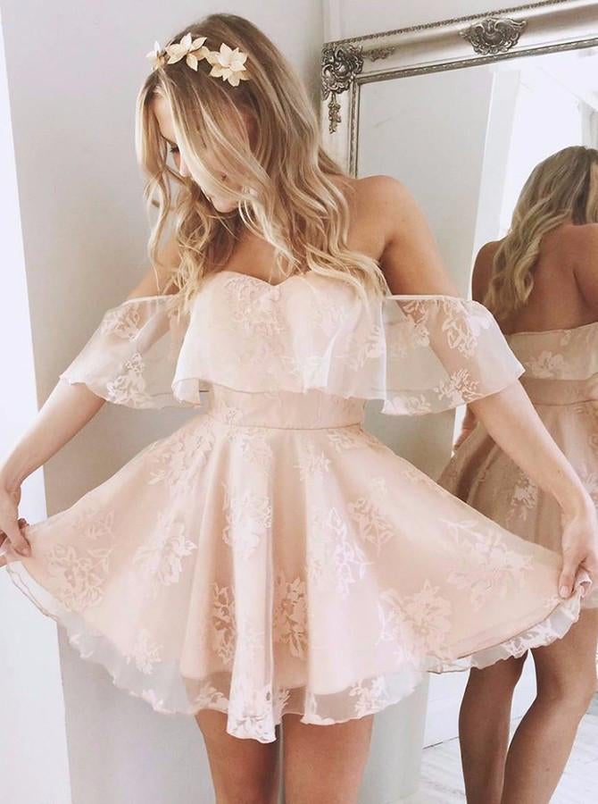 A-Line Off-the-Shoulder Short Homecoming Dress,Pearl Pink Homecoming Dresses IN200