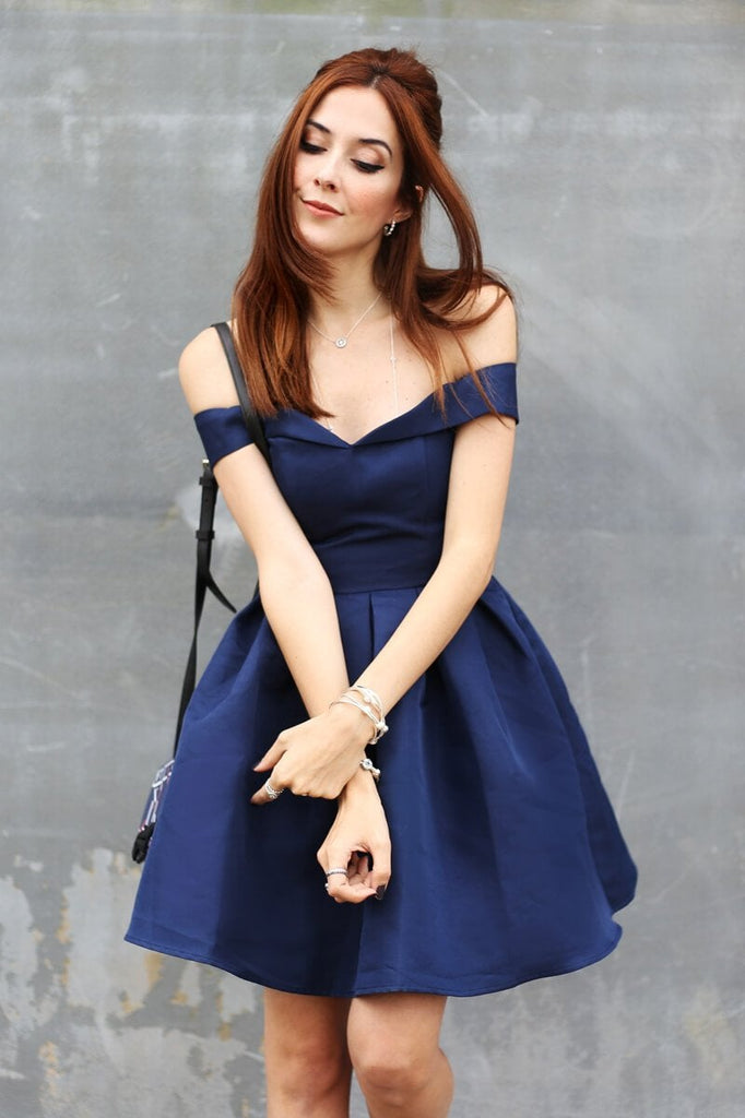 Simple Dark Blue A-Line Off-The-Shoulder Satin Short Homecoming Dress With Pleats IN468