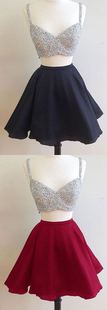 Sexy Black A Line Beading Two-piece Homecoming Dresses,Bling Cocktail Dresses IN298