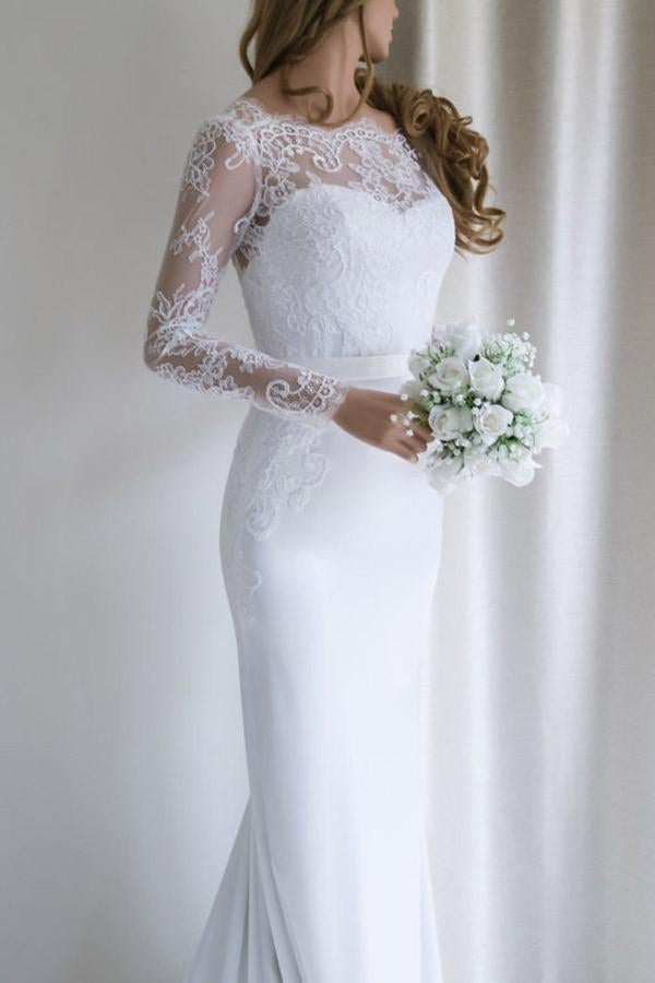 Elegant Lace Long Sleeves Sweep Train White Mermaid Wedding Dress INA46