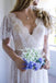 Romantic A-line Backless Lace Short Sleeves V Neck Long Wedding Dress INA52