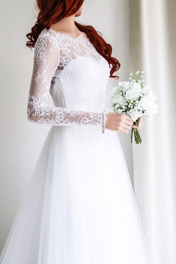 Simple A-line Long Sleeves White Tulle Lace Top Long Wedding Dresses INA47