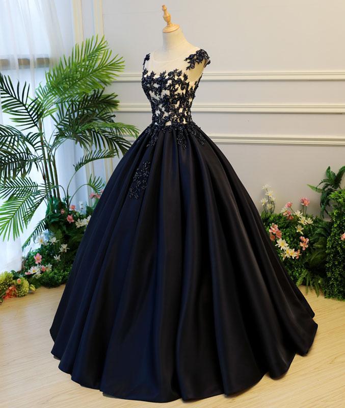 Generous Puffy A-Line Cap Sleeves Lace-up Black Satin Long Prom Dress with Appliques IN782