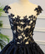 Generous Puffy A-Line Cap Sleeves Lace-up Black Satin Long Prom Dress with Appliques IN782
