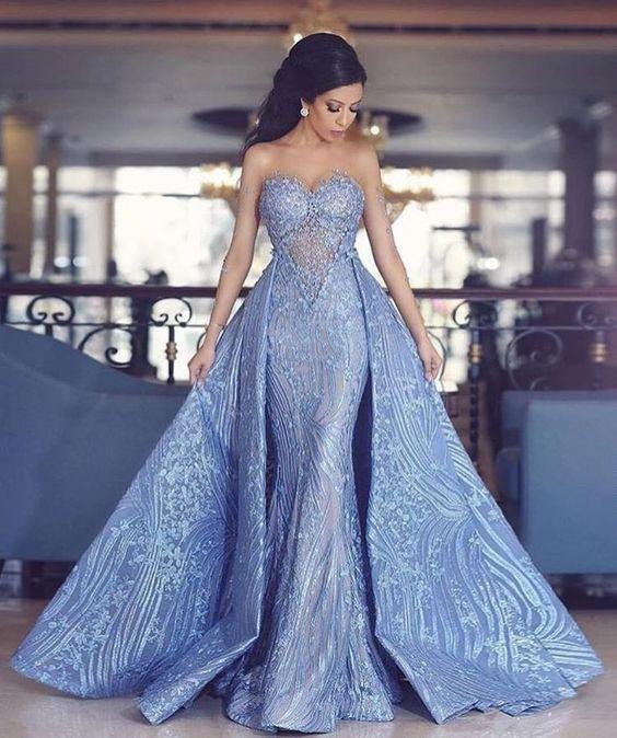 Elegant Sweetheart Mermaid Prom Dress With Detachable Train,Fashion Blue Evening Dresses IN872