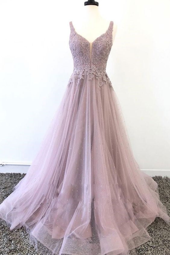 Unique V neck Tulle Lace Appliques Long Prom Dress, A Line Evening Dress IN2029