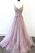 Unique V neck Tulle Lace Appliques Long Prom Dress, A Line Evening Dress IN2029