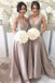 Silver Long A Line Taffeta Bridesmaid Dresses, Best Elegant V neck Bridesmaid Gown IN163