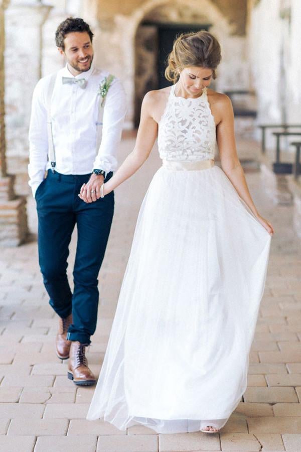 Simple Jewel Sleeveless Long Lace White Tulle A-line Wedding Dresses IN164