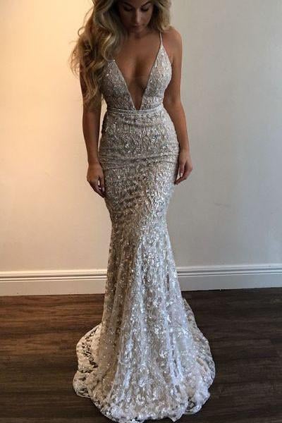 Mermaid stunning Spaghetti Straps Prom Dress,Beading Lace V-neck Prom Dress Sexy Wedding Dress IN171