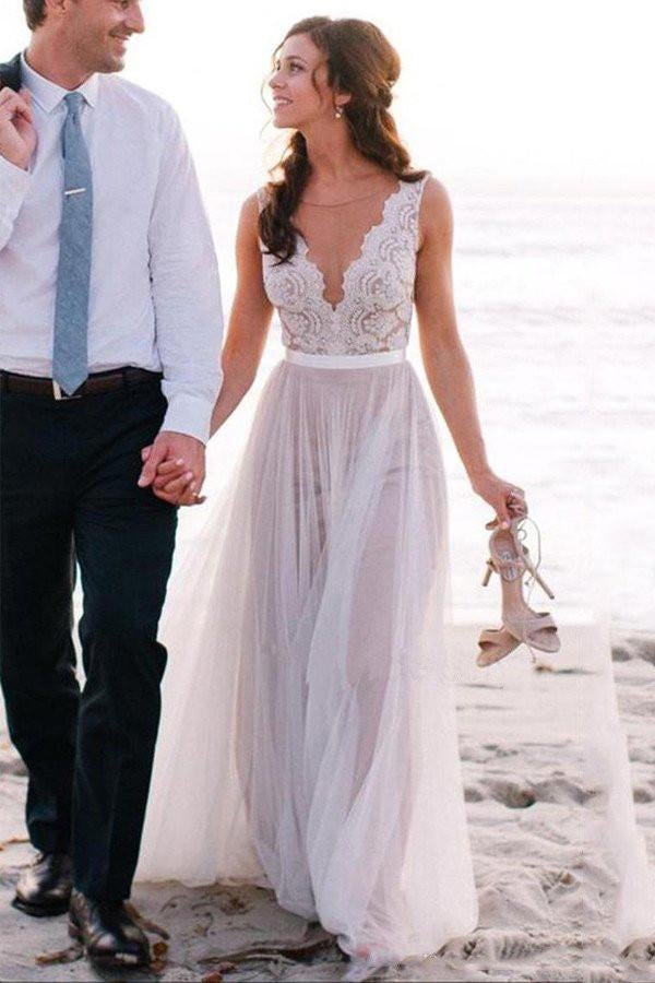 Elegant Beach Coast Wedding Dresses,Lace A Line Tulle Bridal Dresses For Beach Wedding IN168