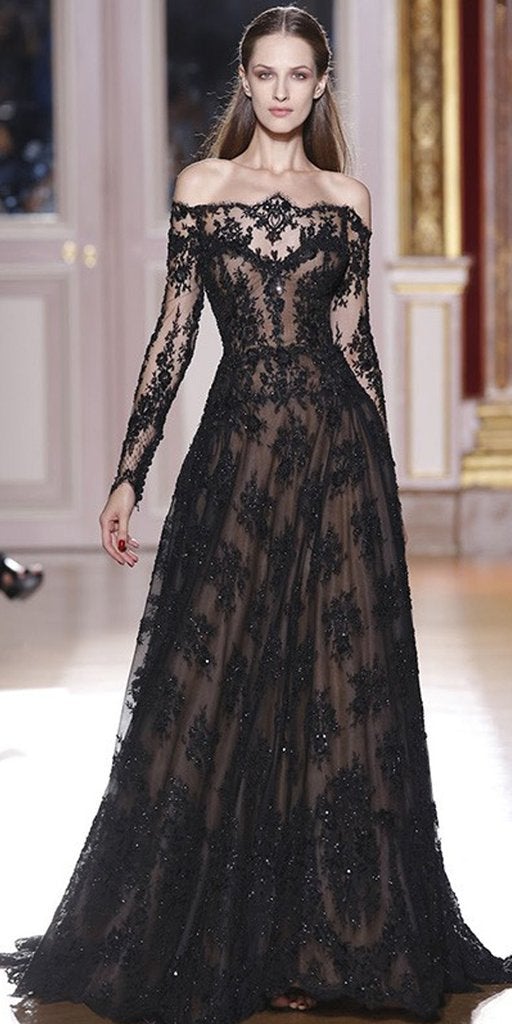 Romantic Long Sleeves Off the Shoulder Lace Appliques A Line Black Prom Dresses ING33