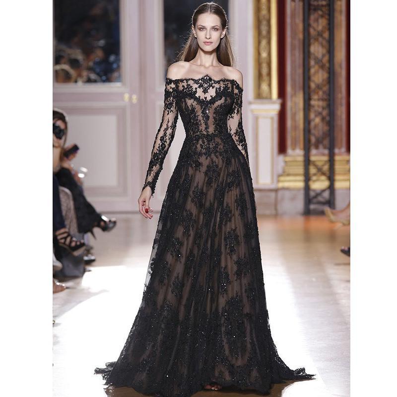 Romantic Long Sleeves Off the Shoulder Lace Appliques A Line Black Prom Dresses ING33