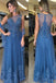 Blue Sleeveless A-line Long Tulle Prom Dress Lace Appliques Women Evening Dress IN1997