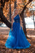 Blue One Shoulder Tulle A Line Lace Appliques Long Prom Dress, Formal Evening Dress IN1967