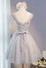 A Line Lace Appliques Short Gray V Neck Homecoming Dresses IND1