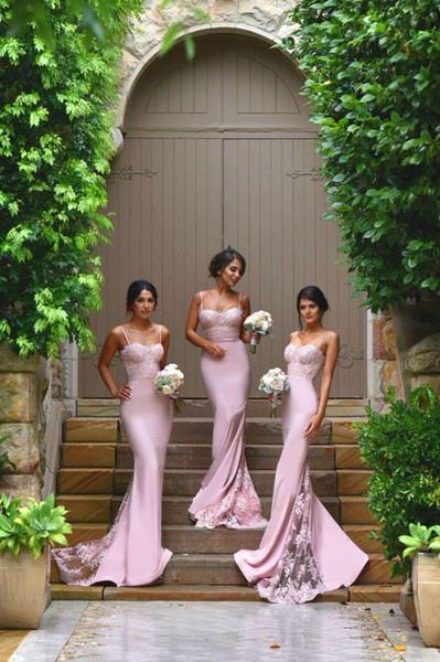 New Arrival Pink stunning Spaghetti Straps Lace High Quality Mermaid Long Bridesmaid Dresses IN345