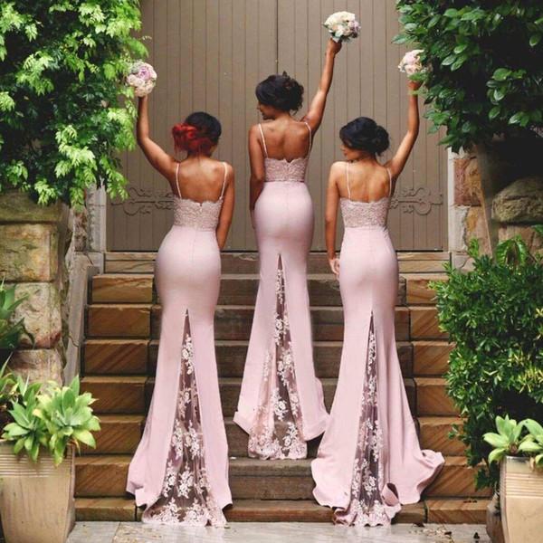 New Arrival Pink stunning Spaghetti Straps Lace High Quality Mermaid Long Bridesmaid Dresses IN345