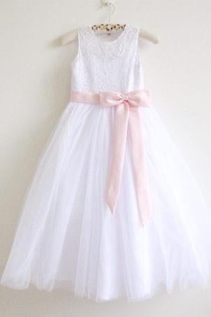 White Lace Flower Girl Dress Pink Sash Baby Girls Dress Lace Tulle White Flower Girl Dress IN210